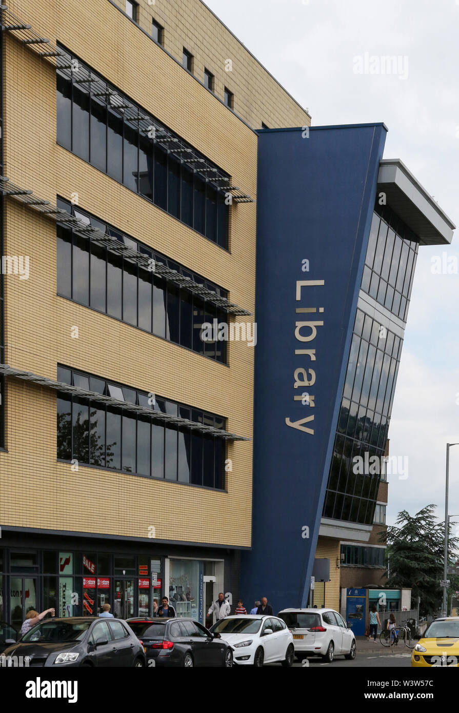 Exterior vertical library sign on modern library in the city of Lisburn ...