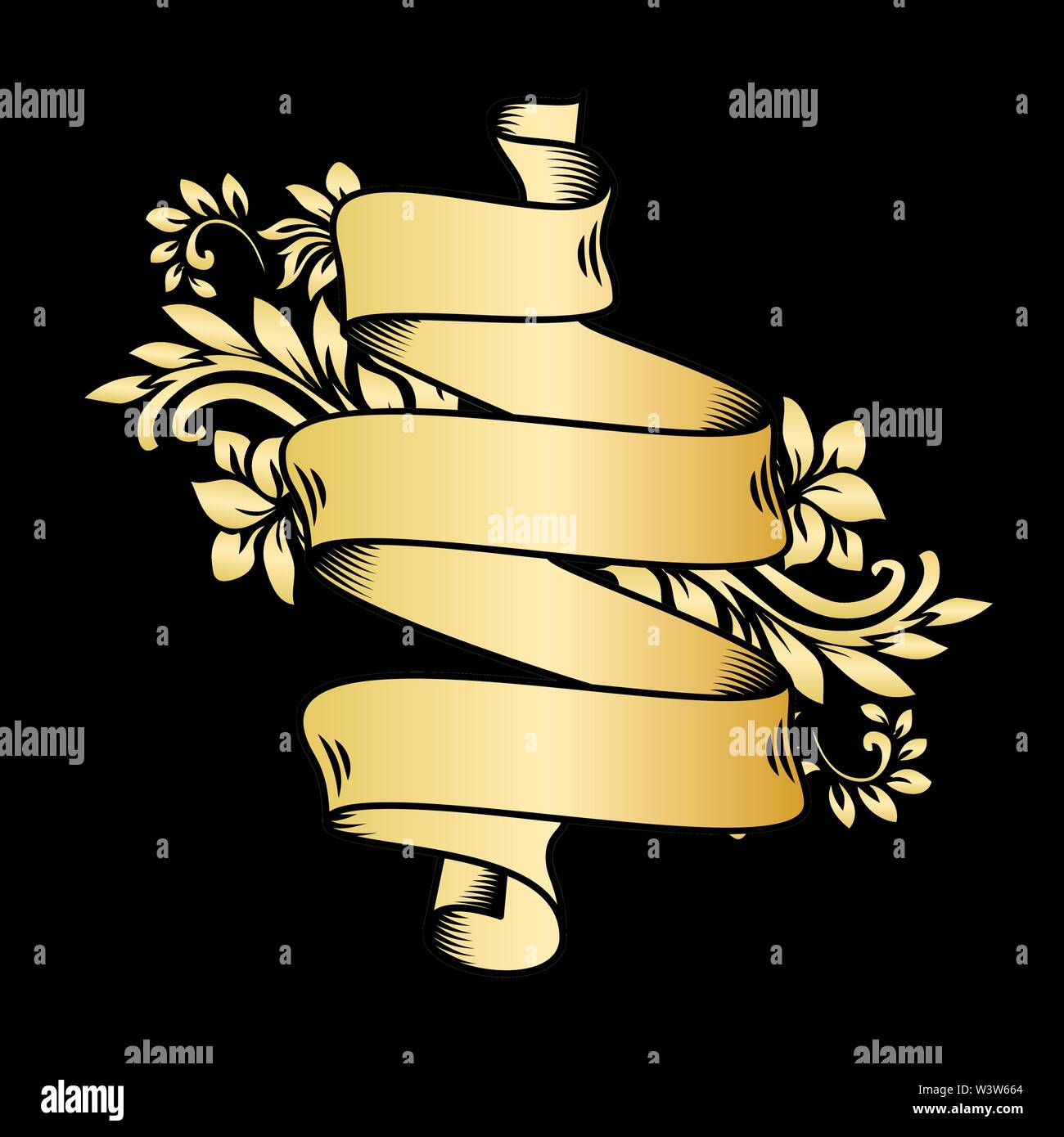 Gold vintage ribbon banner with leaves and flowers, drawing in engraving  style. Golden banner ribbon with ornament on the black background. Premium  design for greetings, anniversary Stock Vector Image & Art 