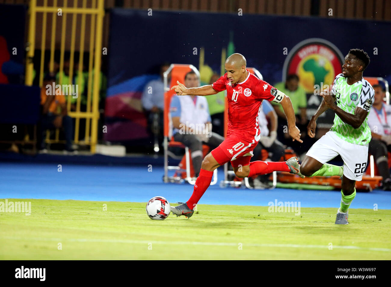 Cairo, Egypt. 17th July, 2019. Wahbi Khazri(10) of Tunisia in action with Kenneth Omeruo(22)of Nigeria during Tunisia vs Nigeria Match for third place at Al salam stadium in Cairo.Total Africa Cup of Nations Egypt 2019 .photo: Chokri Mahjoub Credit: Chokri Mahjoub/ZUMA Wire/Alamy Live News Stock Photo