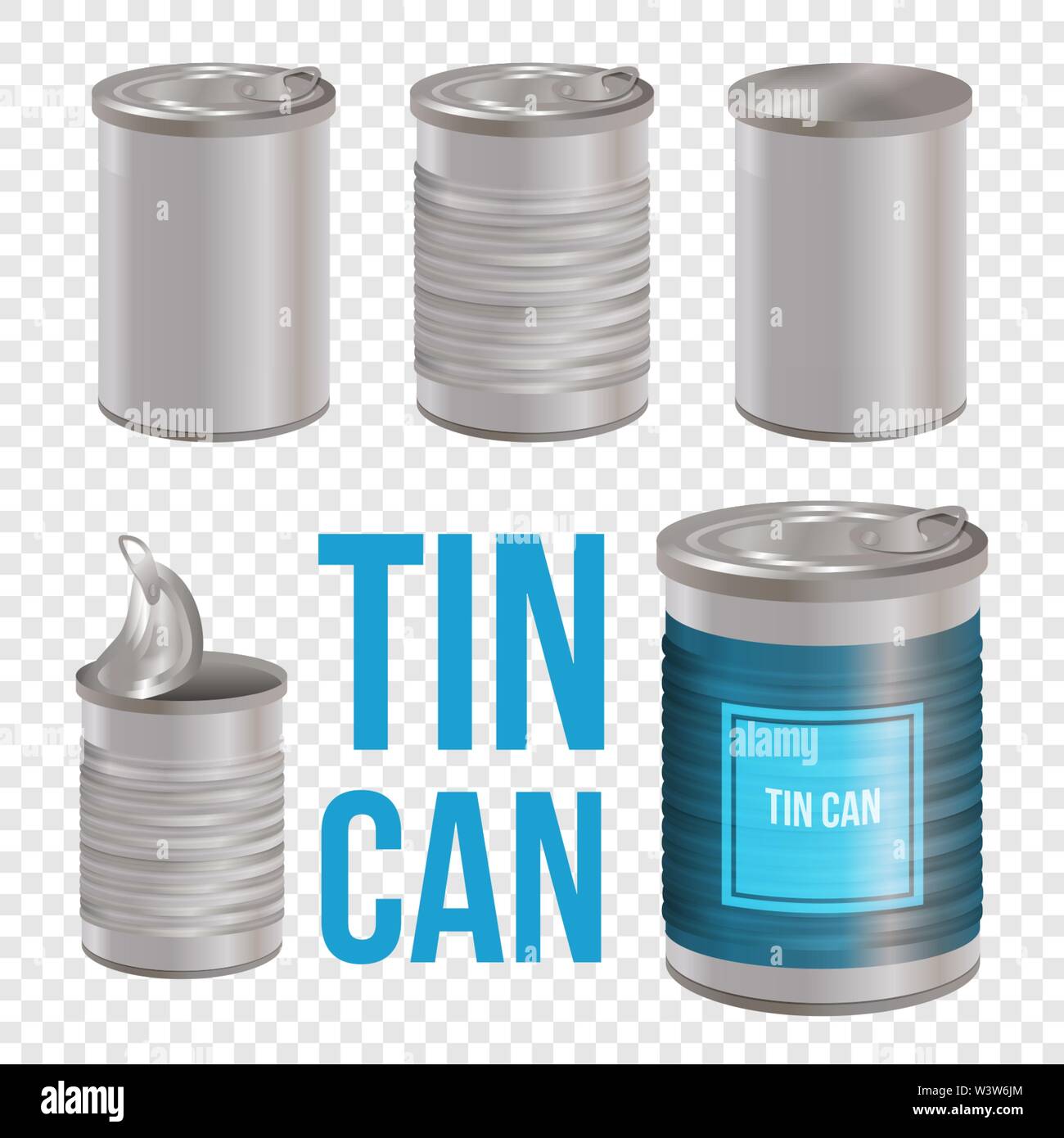 Tincan, canned food realistic vector package mockup, isolated on white background. Metal Tin Can blank templates for branding. Open and closed Stock Vector