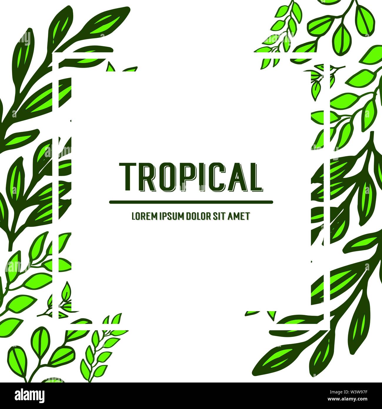 Card tropical for green leaves and floral frame. Vector illustration ...