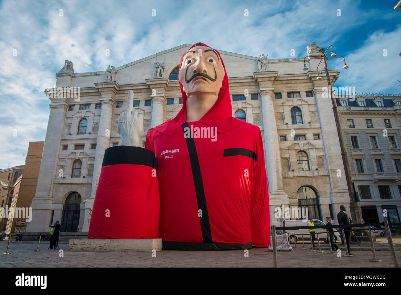 Milano, Italy. 17th July, 2019. Set-up of Piazza Affari in Milan for the  release of the new season of "La casa di carta". Credit: Pamela  Rovaris/Pacific Press/Alamy Live News Stock Photo -