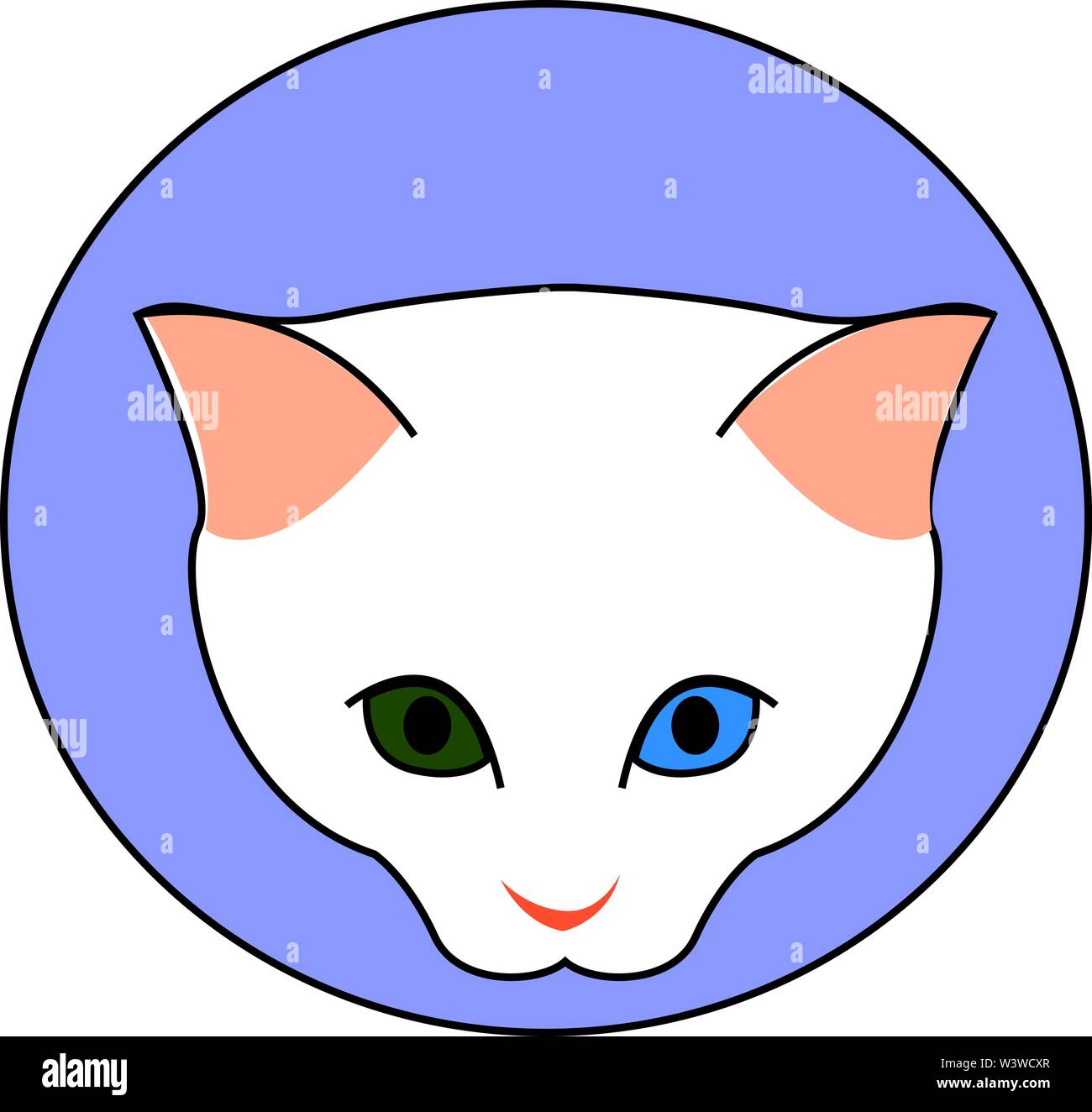 White cat with green and blue eye, illustration, vector on white background. Stock Vector