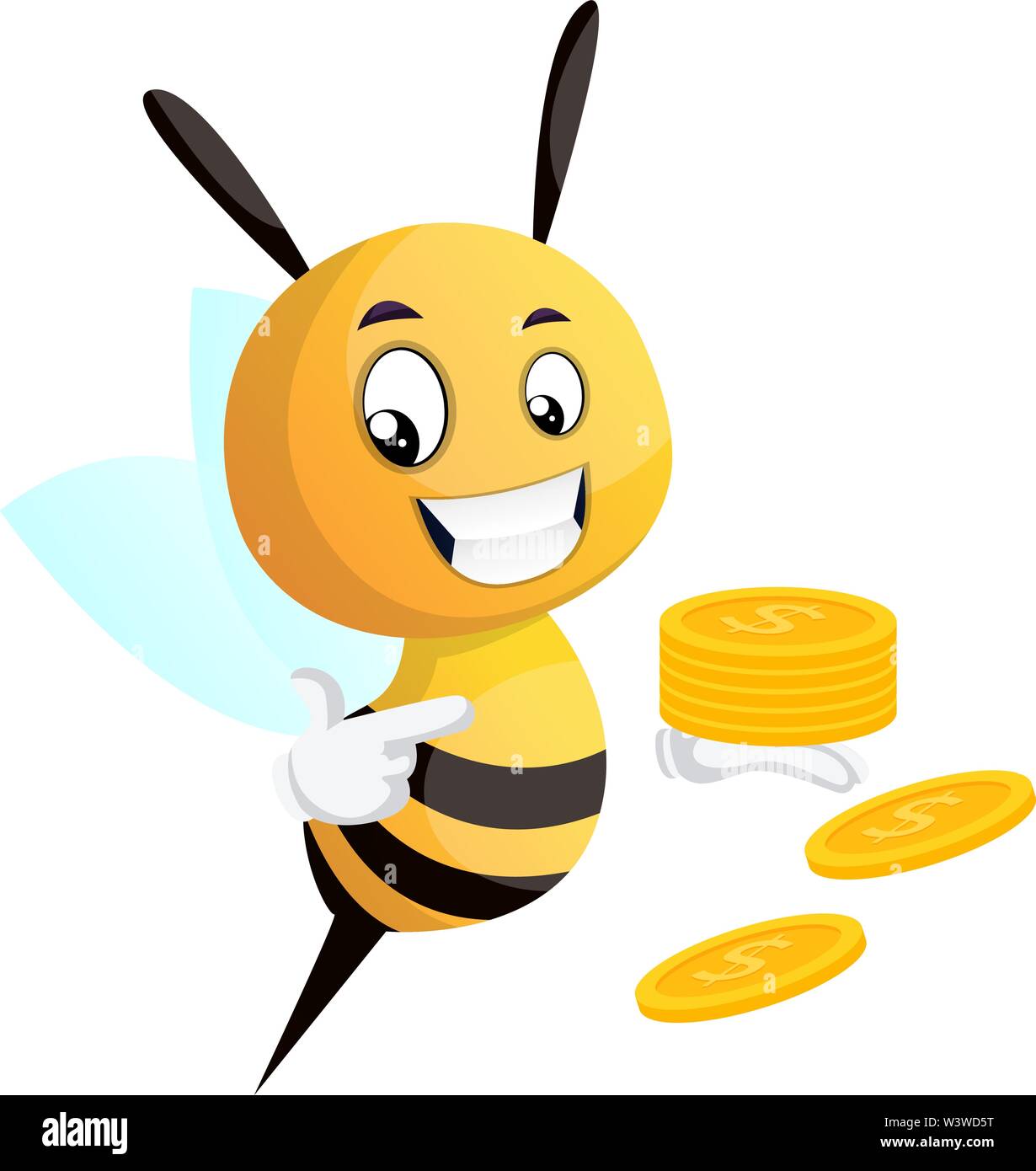 Bee pointing on the coins, bee holding coins, illustration, vector on white background. Stock Vector