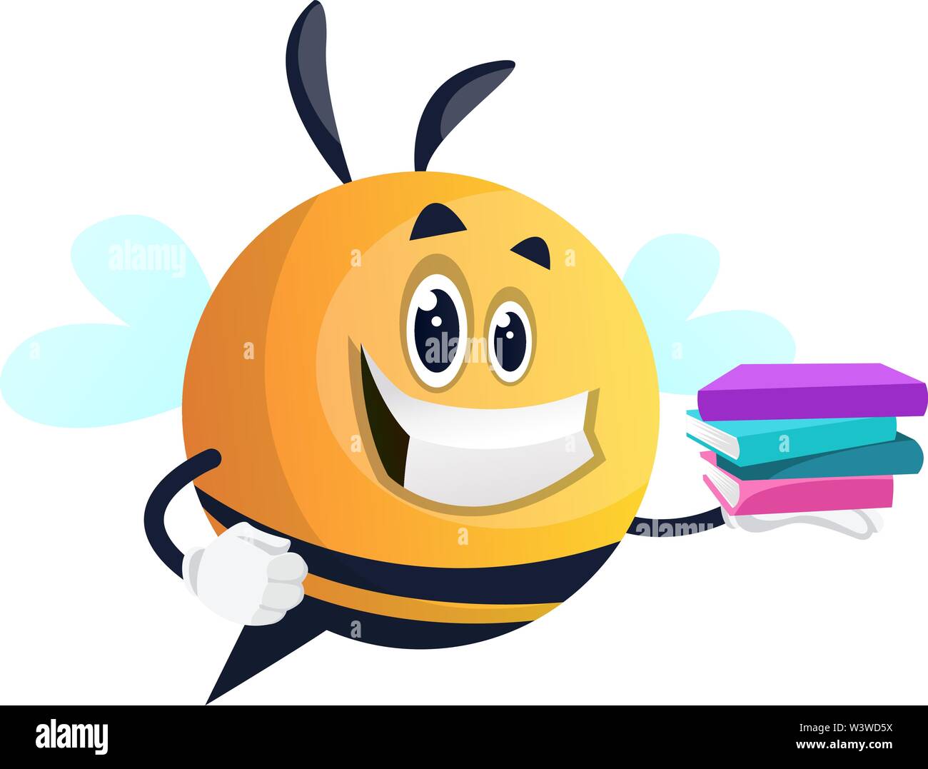 Smiling bee holding a book, illustration, vector on white background. Stock Vector