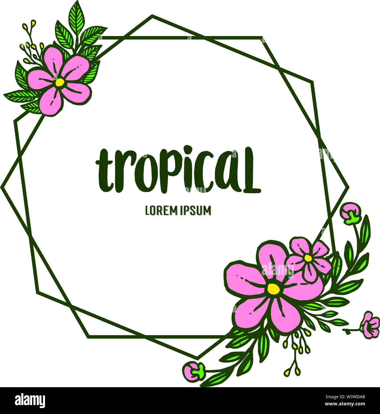 Art of pink flower frame for card tropical, on white background. Vector ...