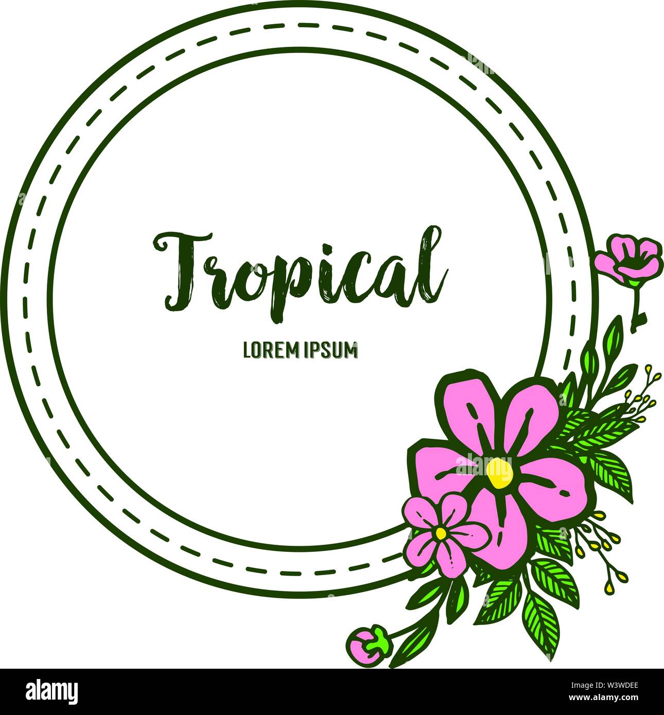 Greeting card of summer tropical with pattern of pink wreath frames ...