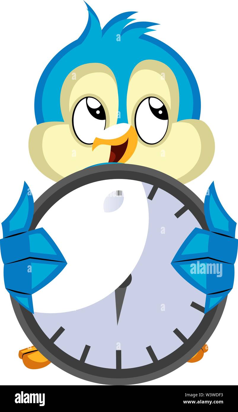 Blue bird holds a clock, illustration, vector on white background. Stock Vector