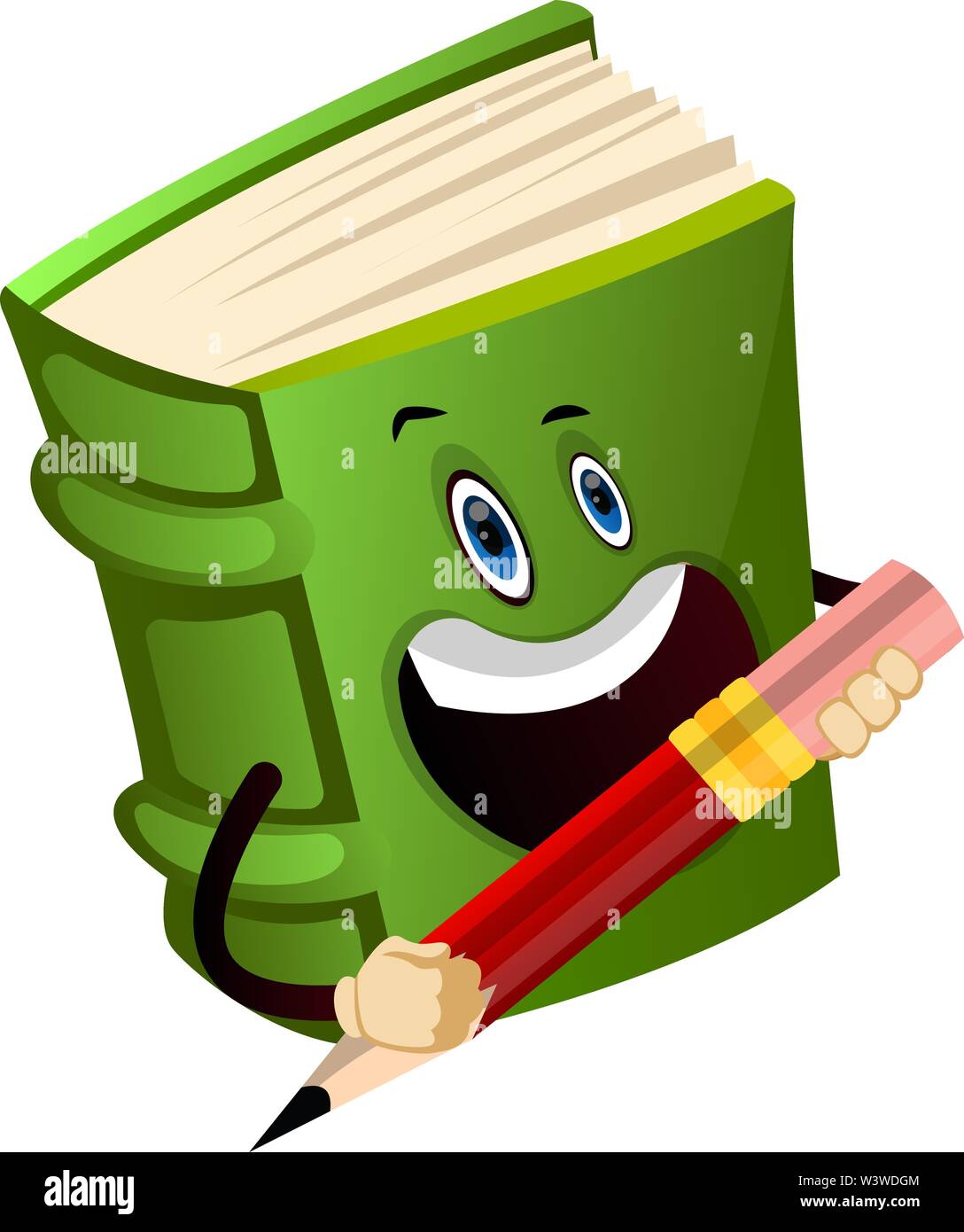 Cartoon book character is holding pencil, illustration, vector on white
