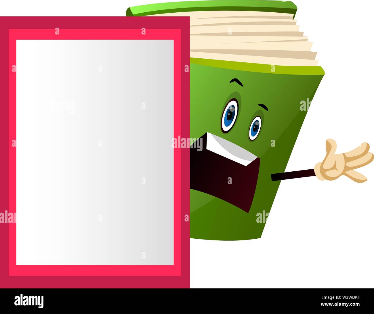 Cartoon book character with a poster sign, illustration, vector on white background. Stock Vector