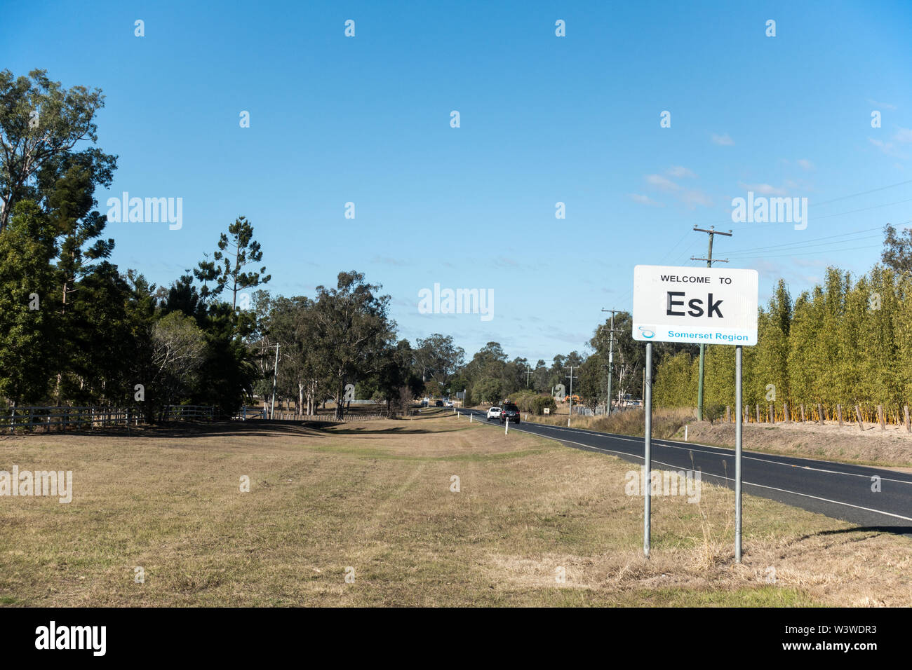 Town sign, Welcome to Esk. Somerset Region of SE Queensland Australia. Stock Photo