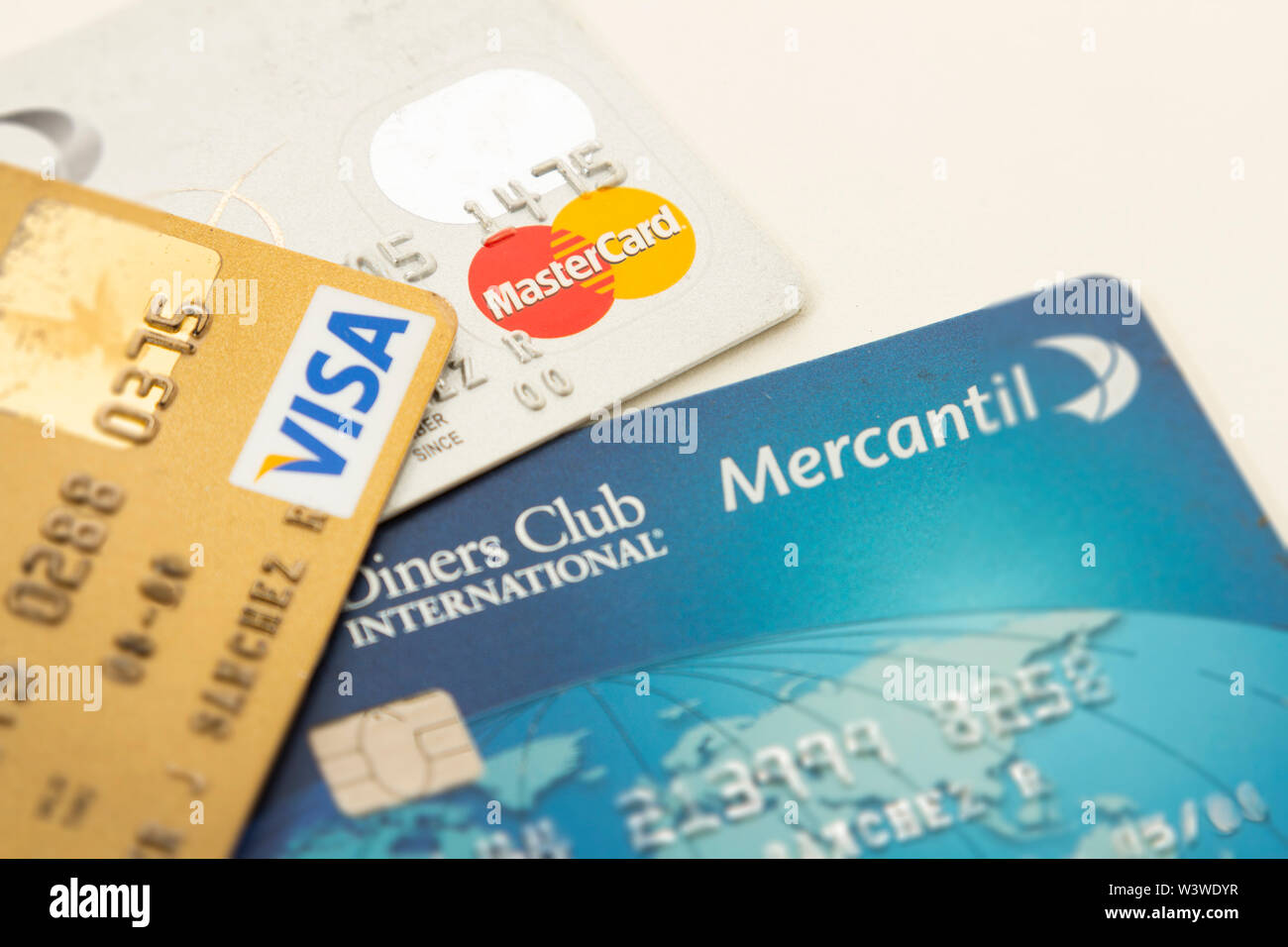 Several credit cards, Visa, Mastercard and Diners Club for use in Venezuela of Venezuelan banks. Stock Photo