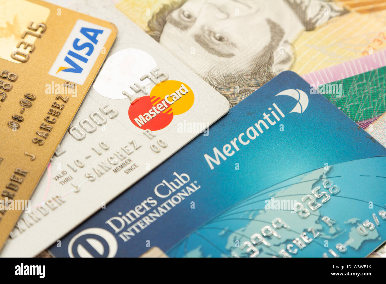 Several credit cards, Visa, Mastercard and Diners Club for use in Venezuela of Venezuelan banks. Stock Photo