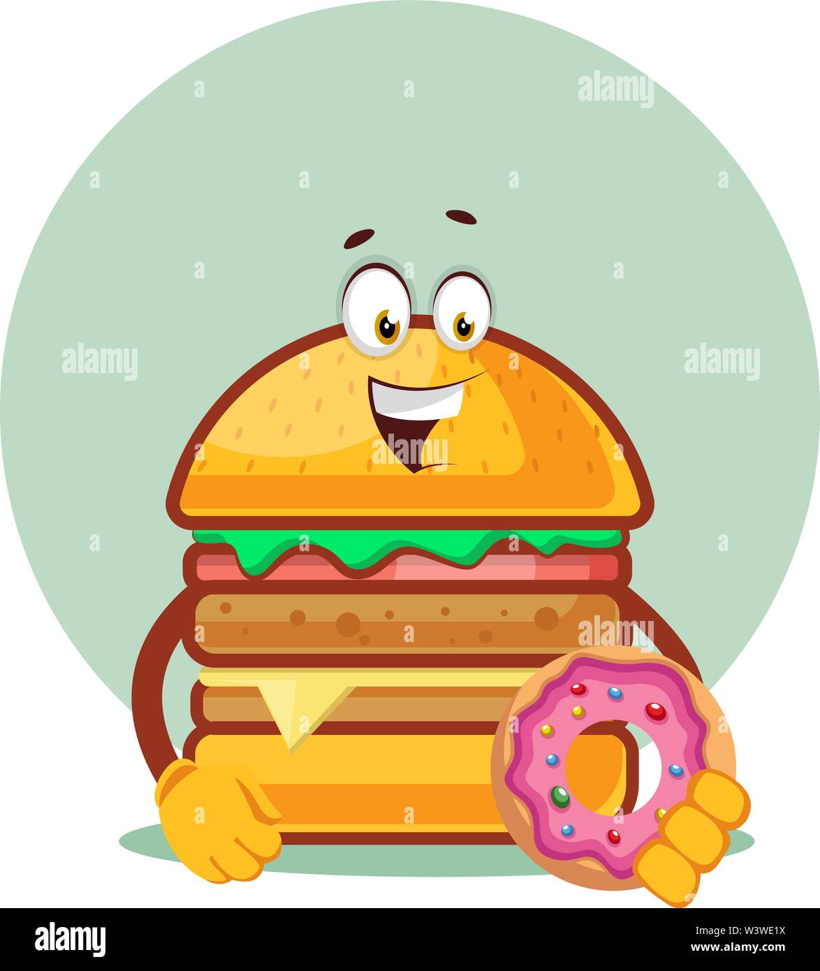 Burger is holding a doughnut, illustration, vector on white background. Stock Vector