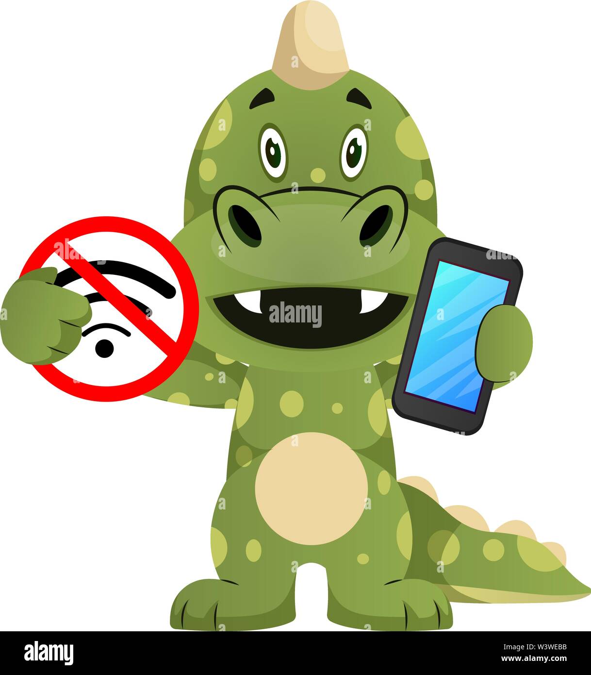 Green dragon is holding no wireless sign and mobile phone, illustration, vector on white background. Stock Vector