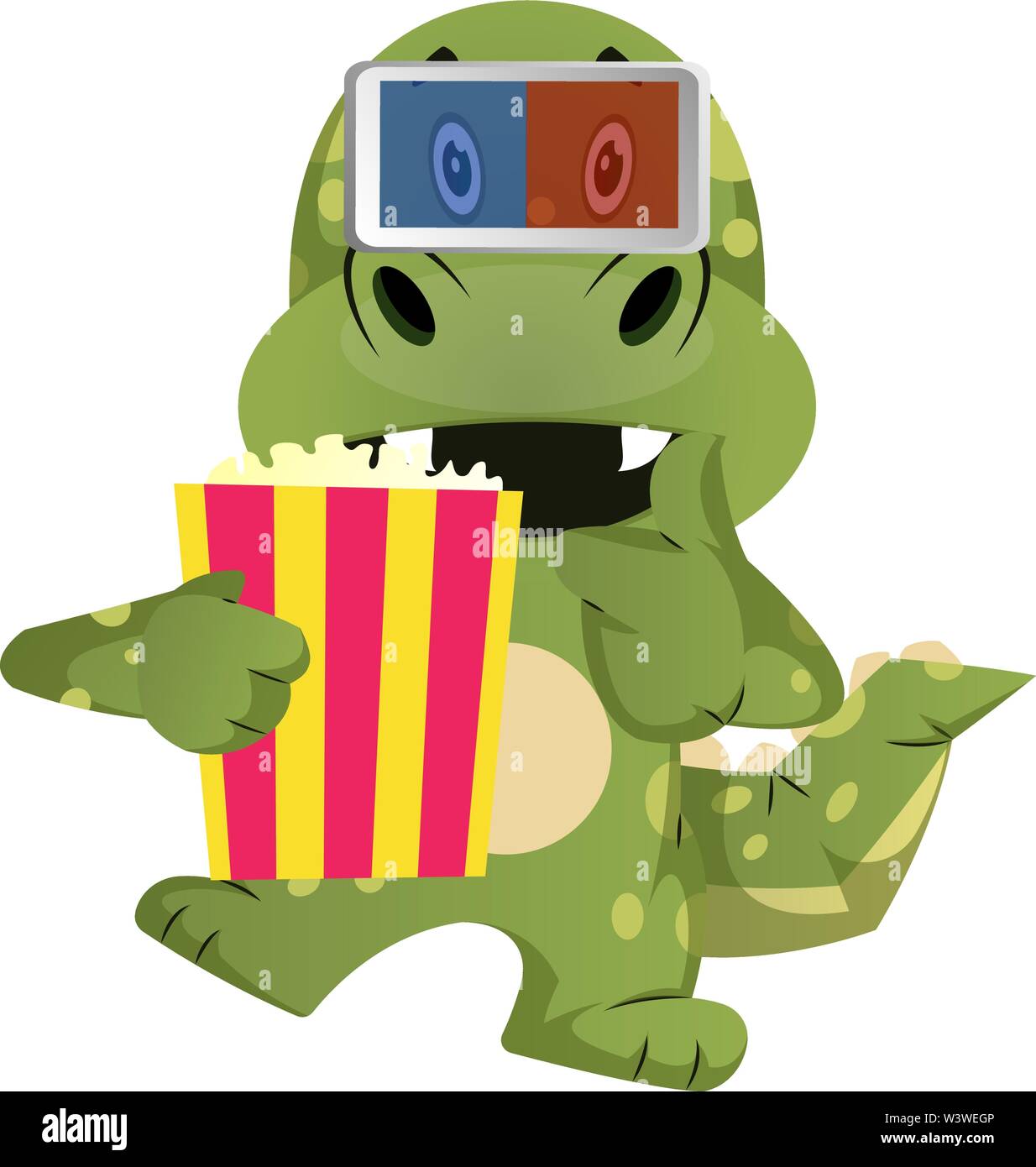 Green dragon is watching movie, illustration, vector on white background. Stock Vector