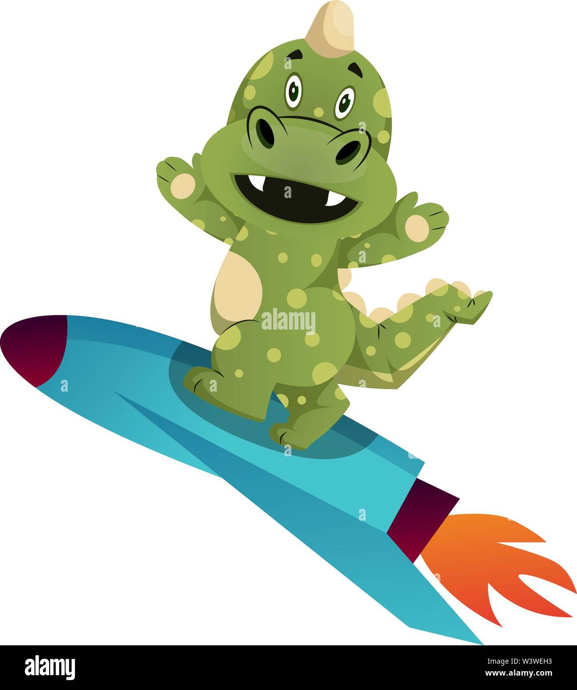 Green dragon is riding a rocket, illustration, vector on white background. Stock Vector