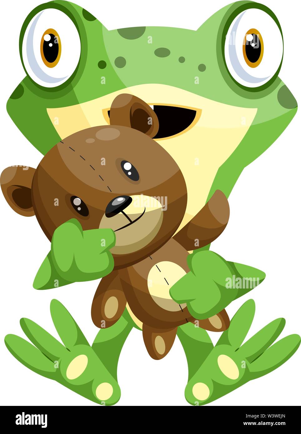Green frog holding a teddy bear, illustration, vector on white background. Stock Vector
