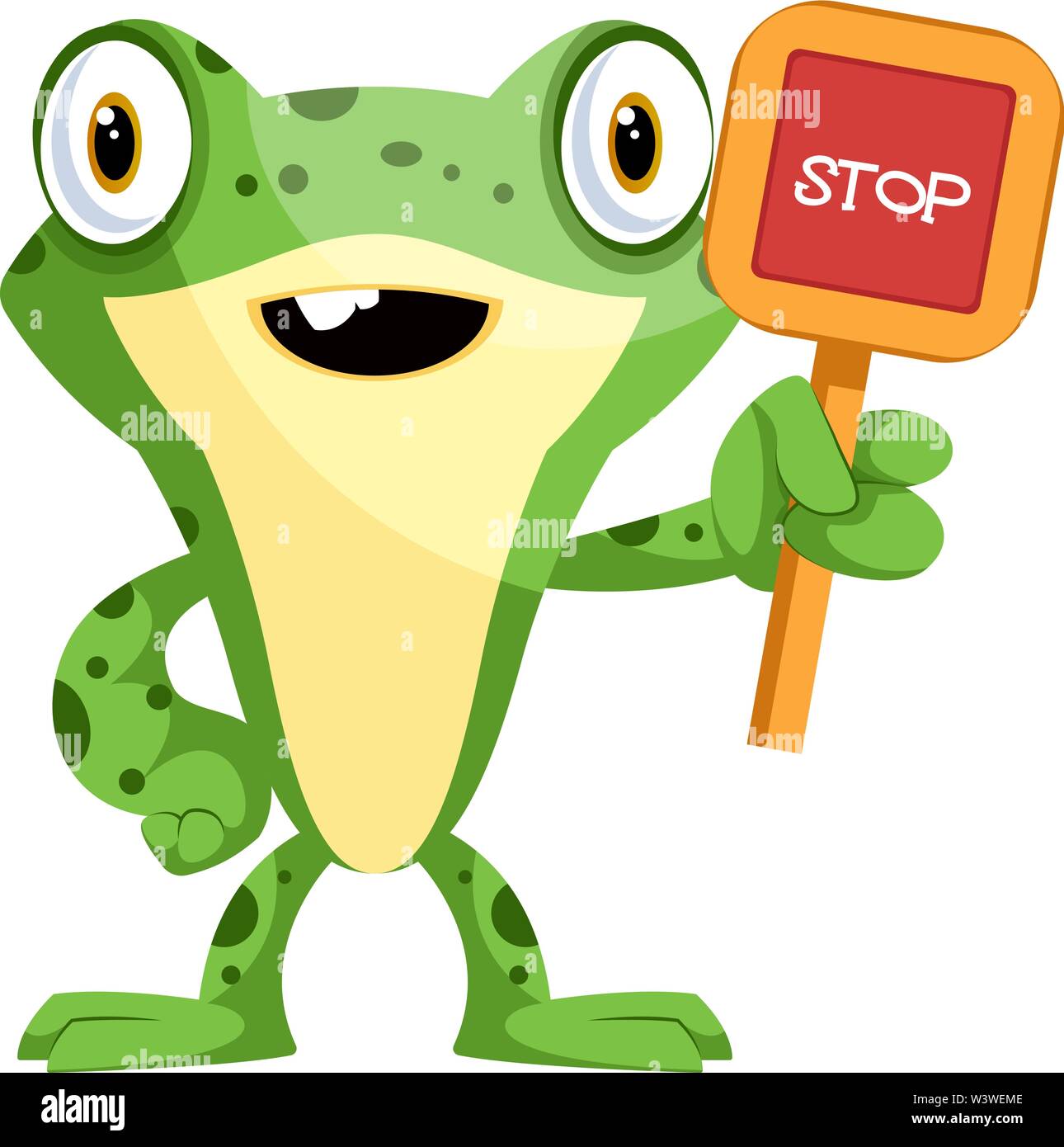 Cute cartoon frog with a stop sign, illustration, vector on white background. Stock Vector