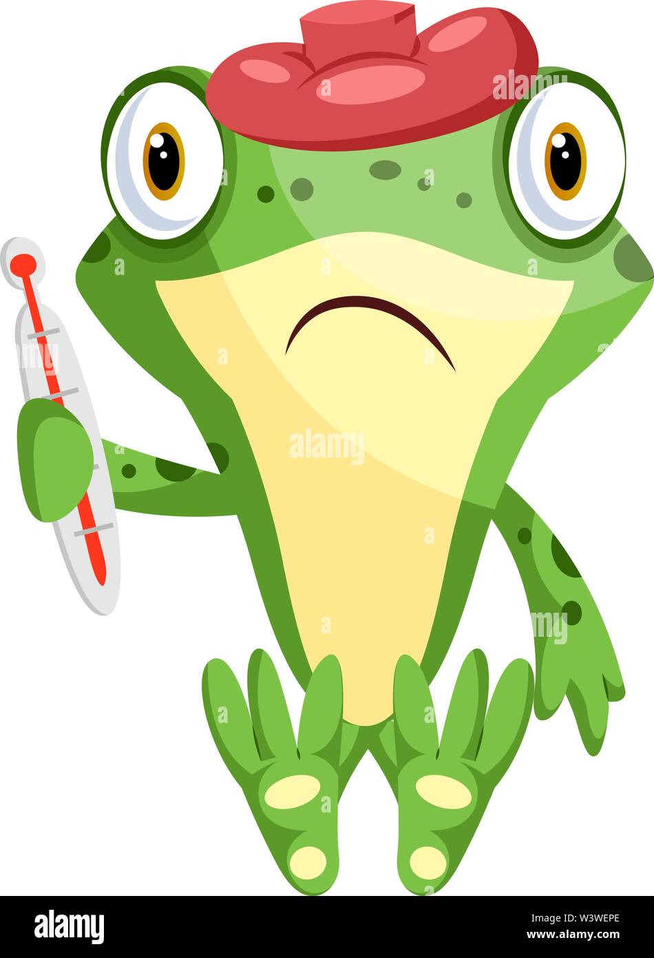 Sad sick frog holding a thermometer, illustration, vector on white