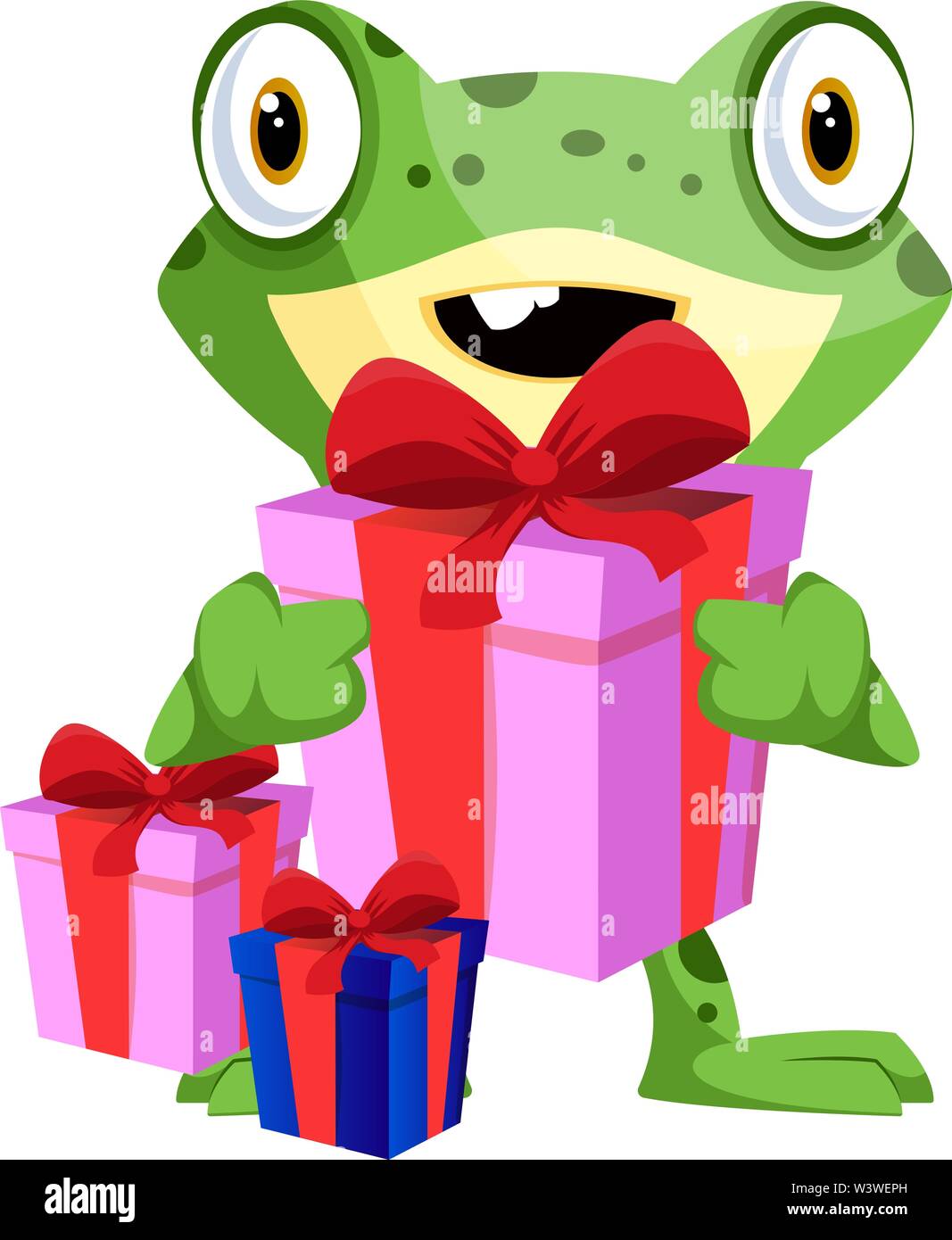 Cute baby frog carrying birthday presents, illustration, vector on white background. Stock Vector