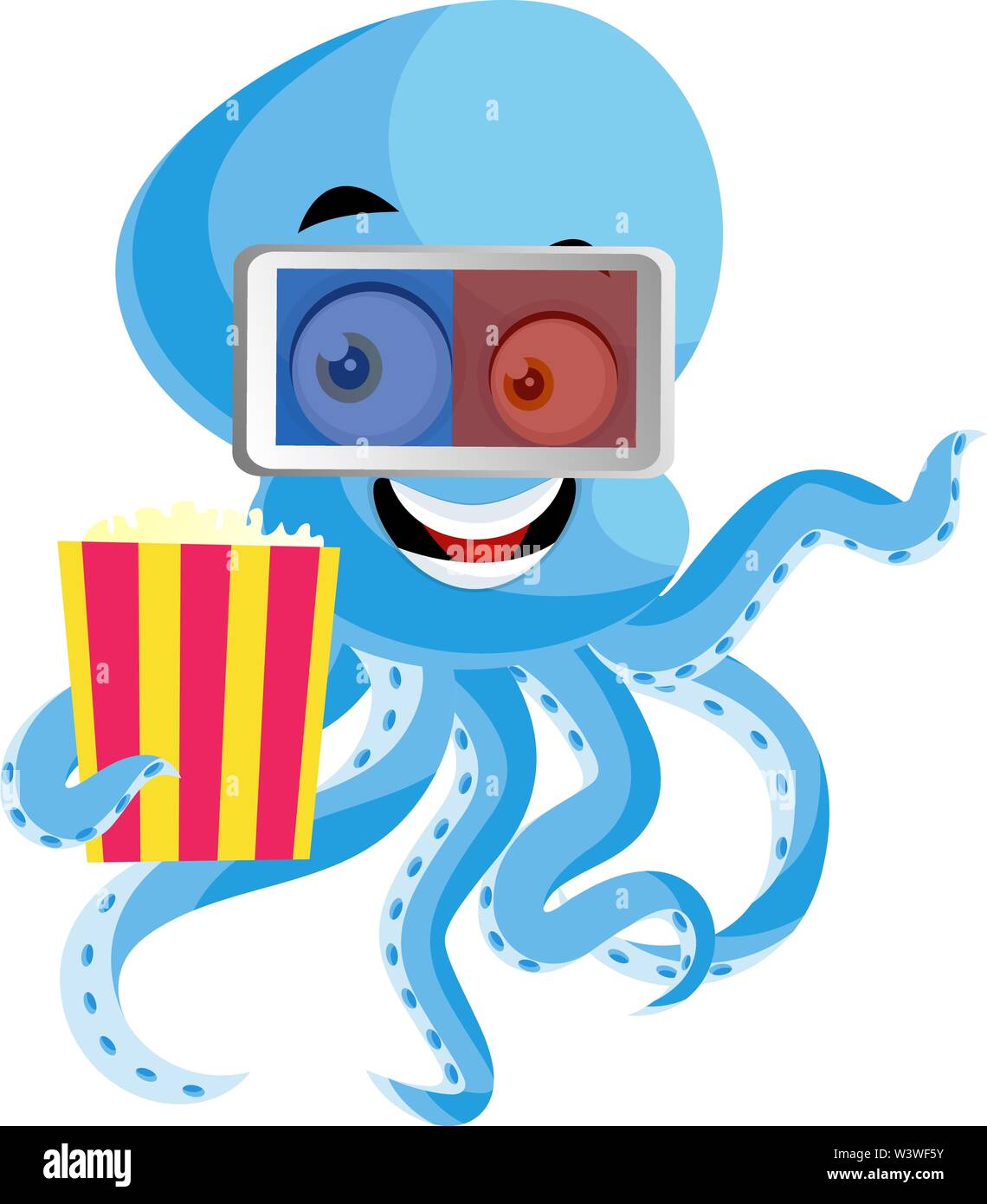 Octopus with popcorn, illustration, vector on white background. Stock Vector