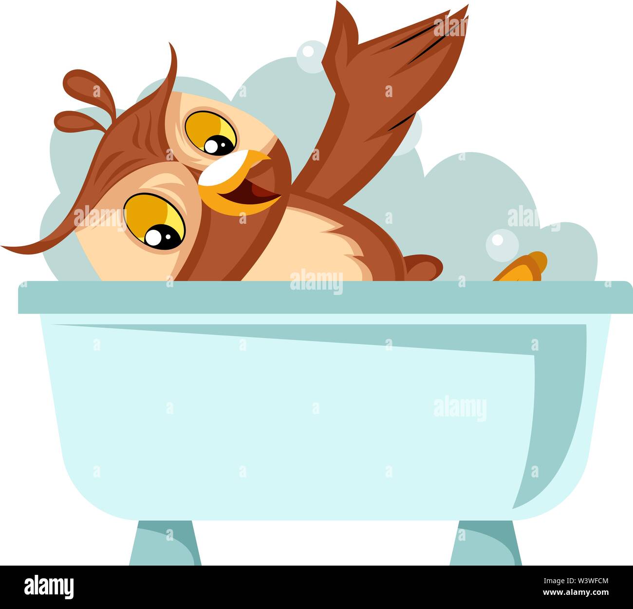 Owl taking a bath, illustration, vector on white background. Stock Vector