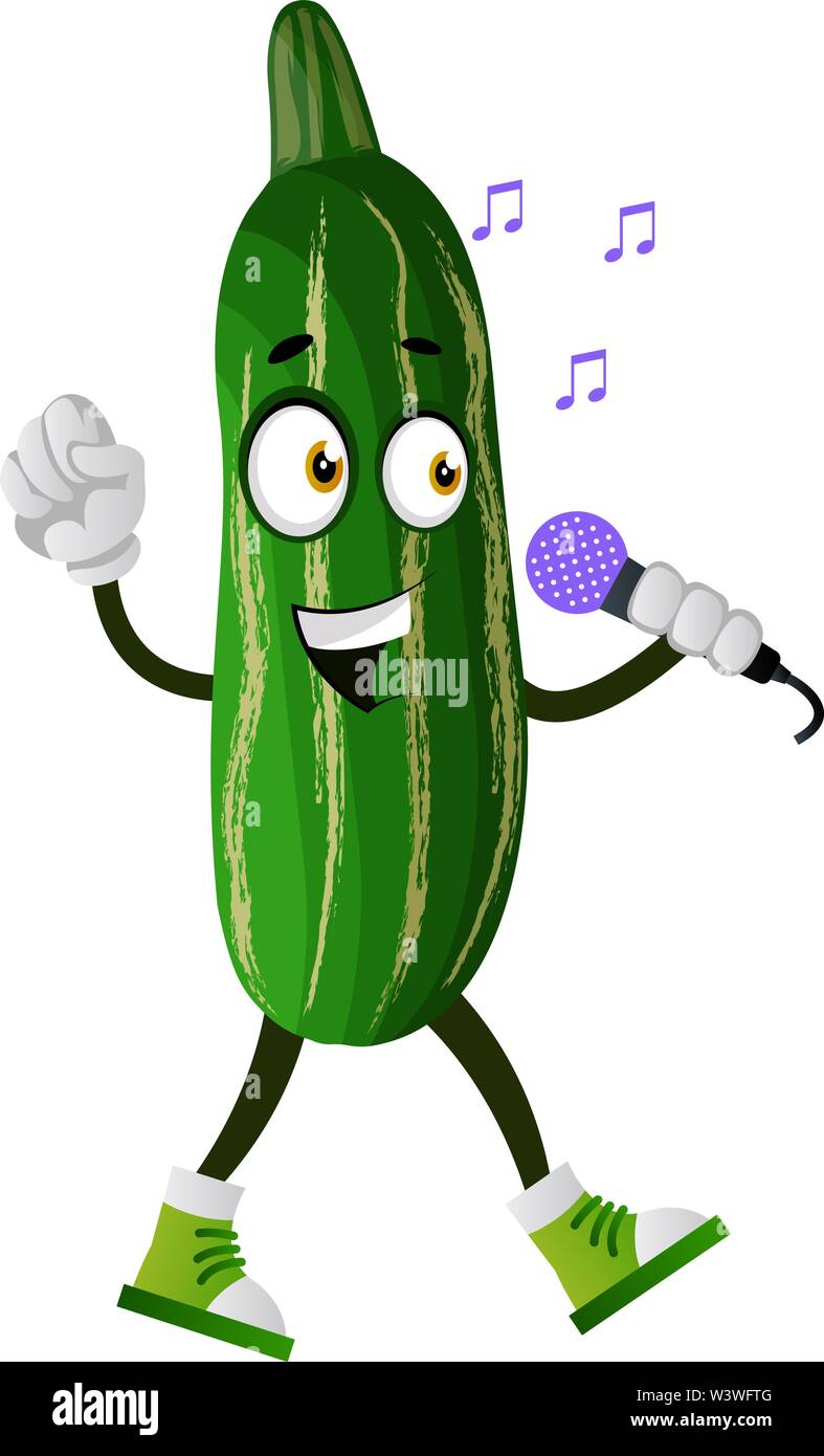 Cucumber singing on microphone, illustration, vector on white background. Stock Vector
