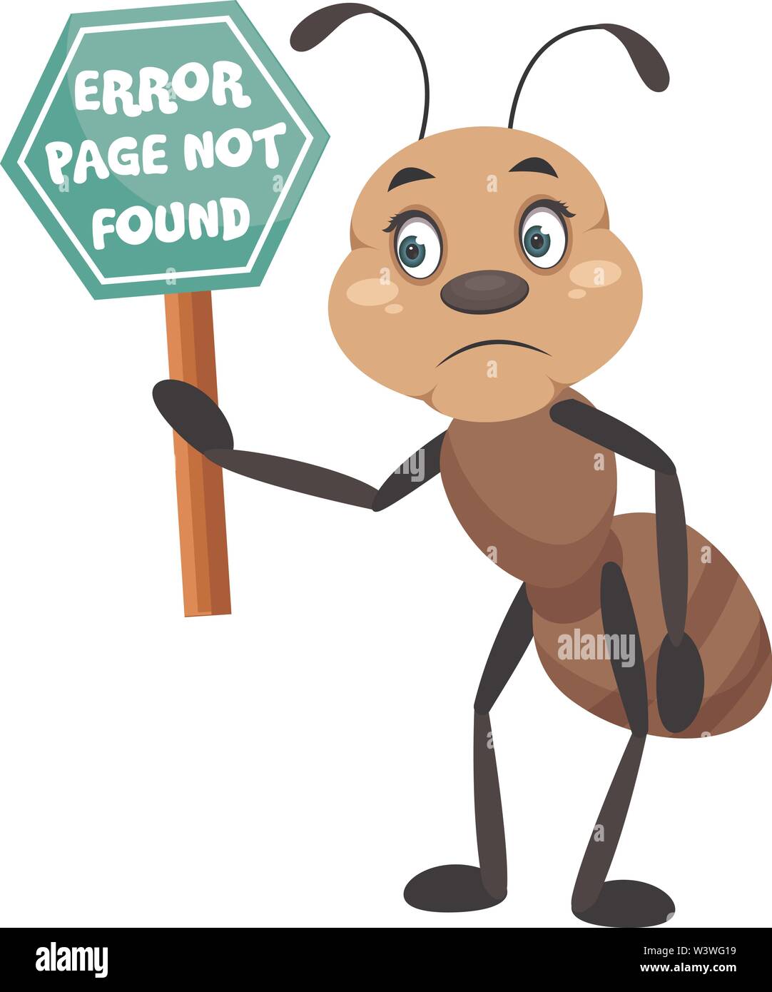 Ant holding 404 error sign, illustration, vector on white background. Stock Vector