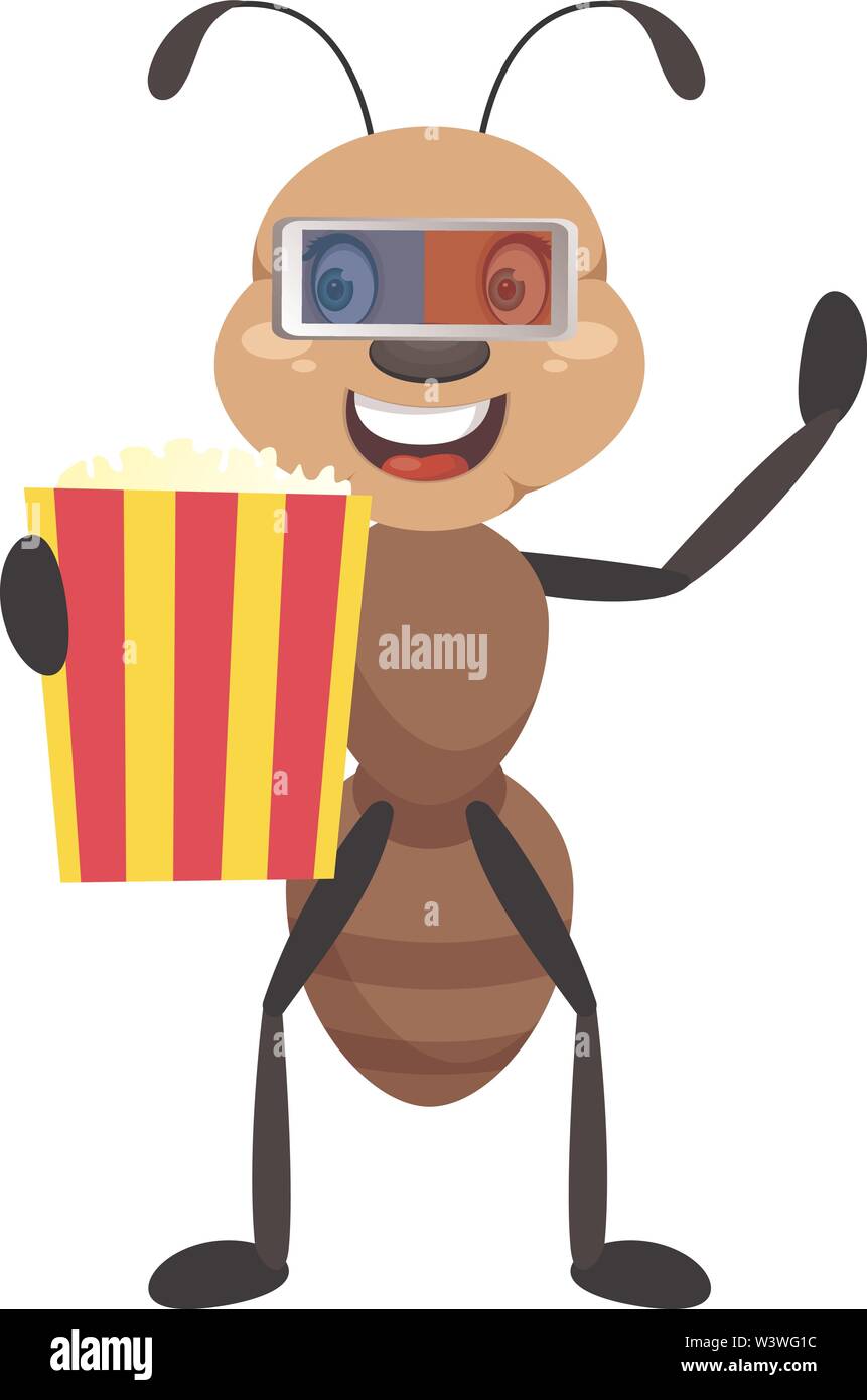Ant with popcorn, illustration, vector on white background. Stock Vector