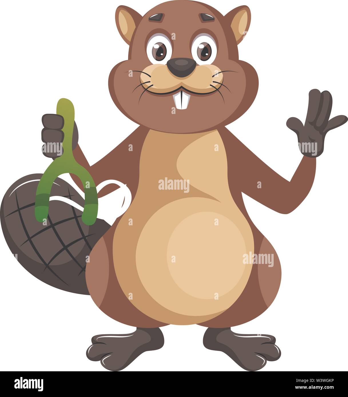 Beaver with sling shoot, illustration, vector on white background. Stock Vector