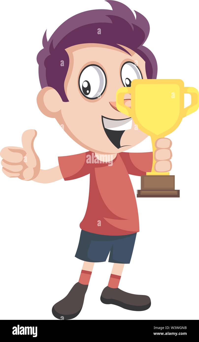 Boy with trophy, illustration, vector on white background Stock Vector ...