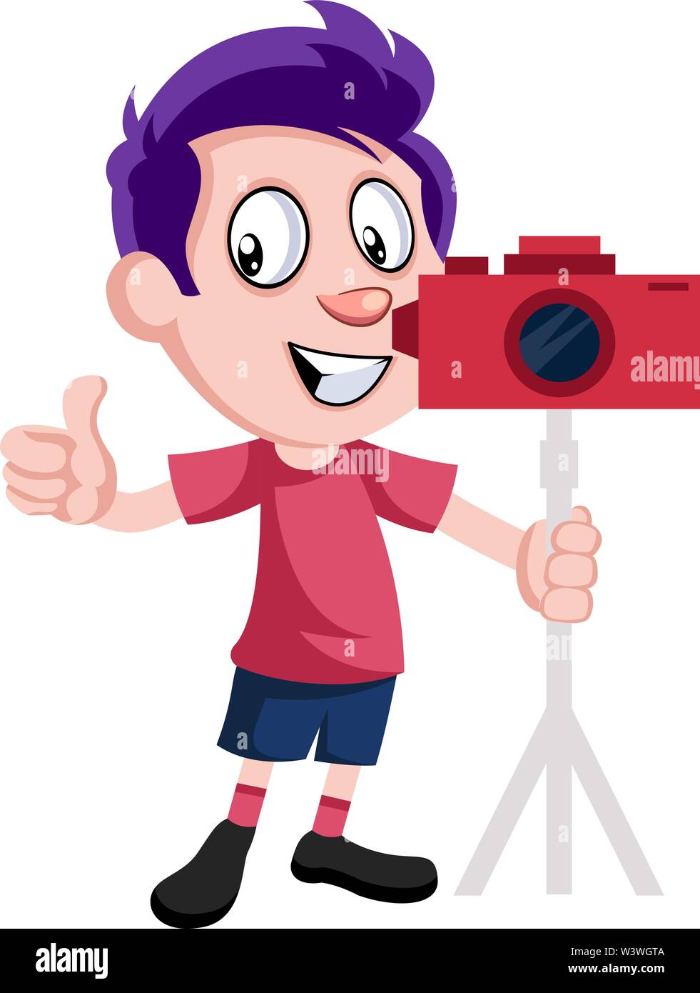 Boy with camera, illustration, vector on white background. Stock Vector