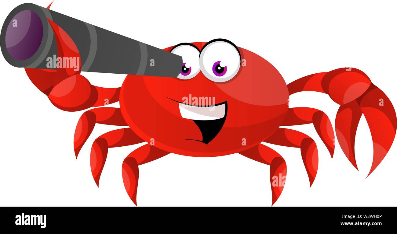Crab looking with telescope, illustration, vector on white background. Stock Vector