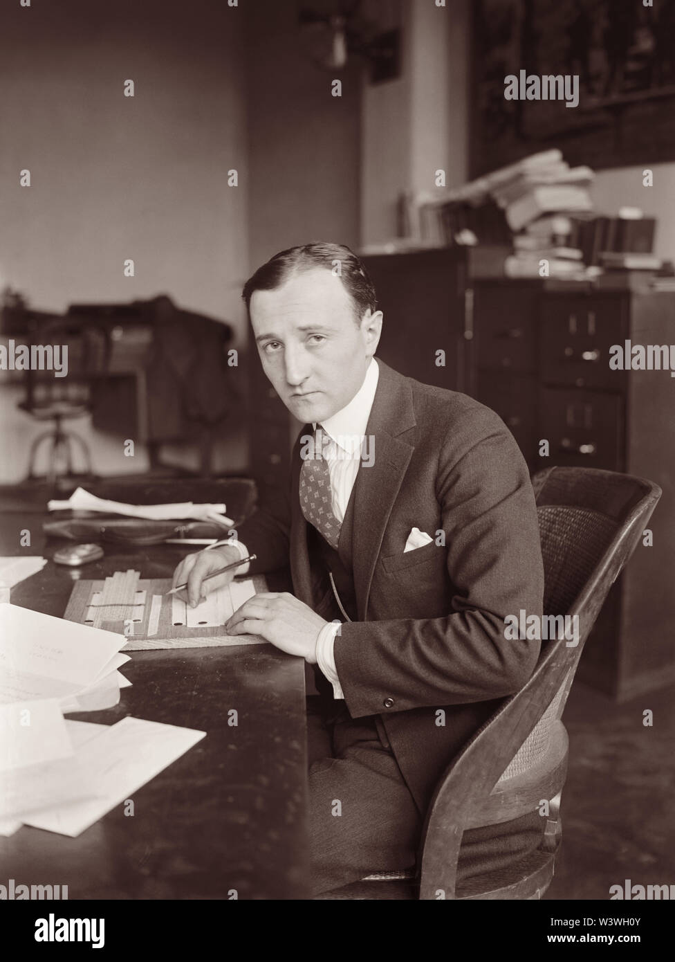 William Frederick Friedman (1891-1969), pictured in 1924, was a pioneering American cryptologist who became the chief cryptoanalyst in the Signal Intelligence Service of the War Department, notably leading the teams during WWII that broke various Japanese codes, including ultimately the Purple machine cipher initiated by Japan in 1939. Friedman was married to another notable pioneering cryptologist, Elizebeth Smith Friedman. Stock Photo