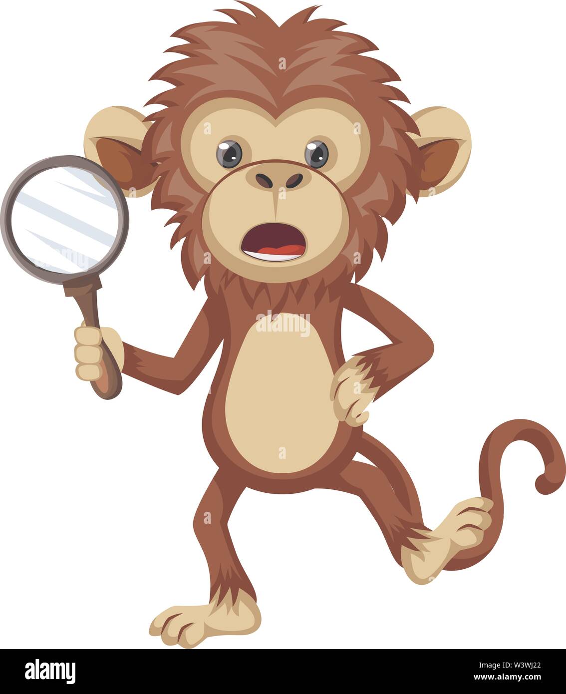 Monkey with magnifying glass, illustration, vector on white background