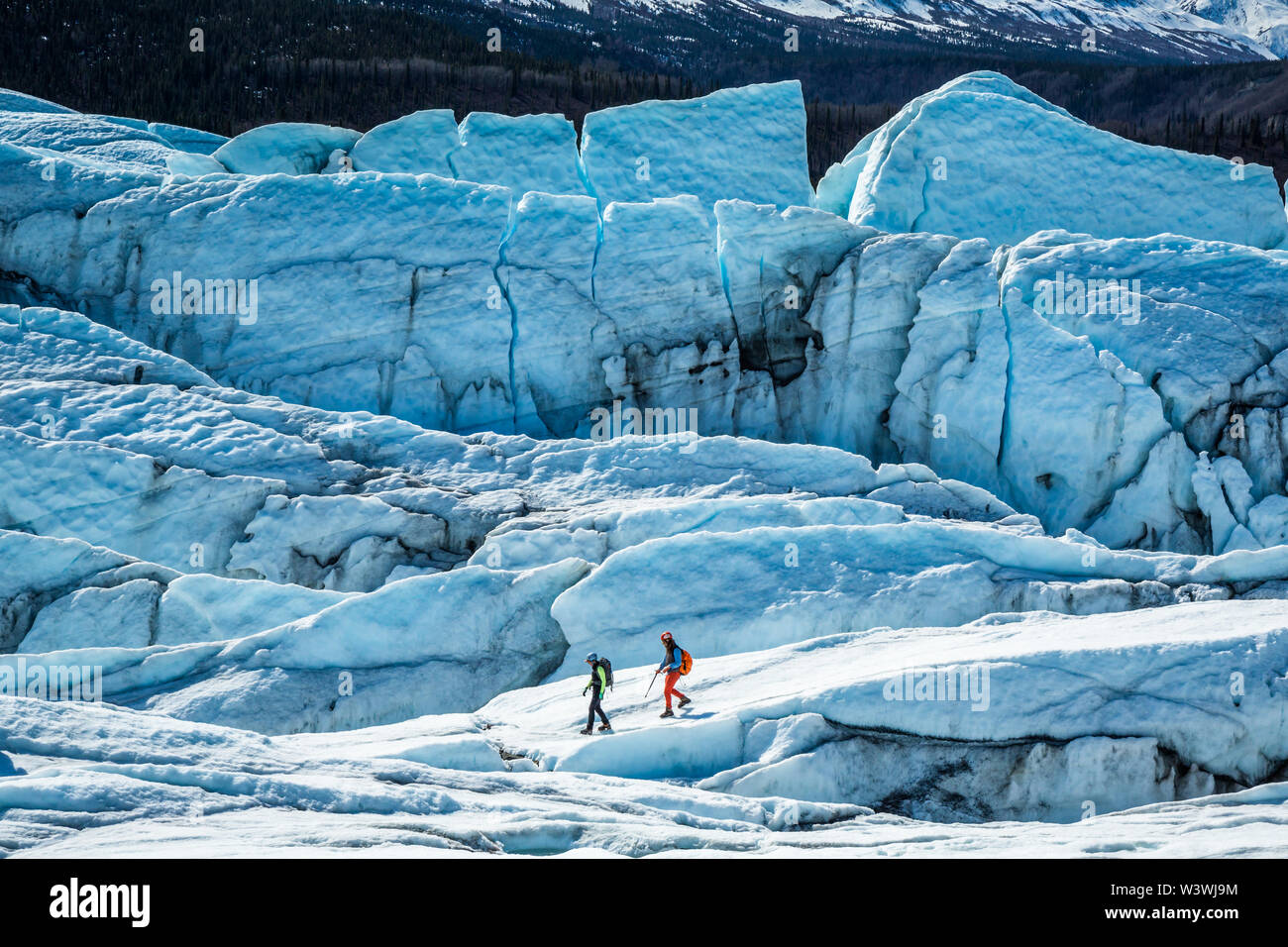 A man and woman walk along white ice on the Matanuska Glacier in Alaska. These two glacier guides are out scouting a route through the crevassed ice t Stock Photo