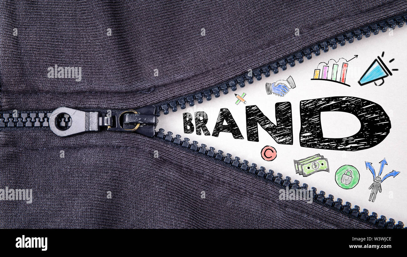 Brand concept with icons. Half opened zipper Stock Photo Alamy