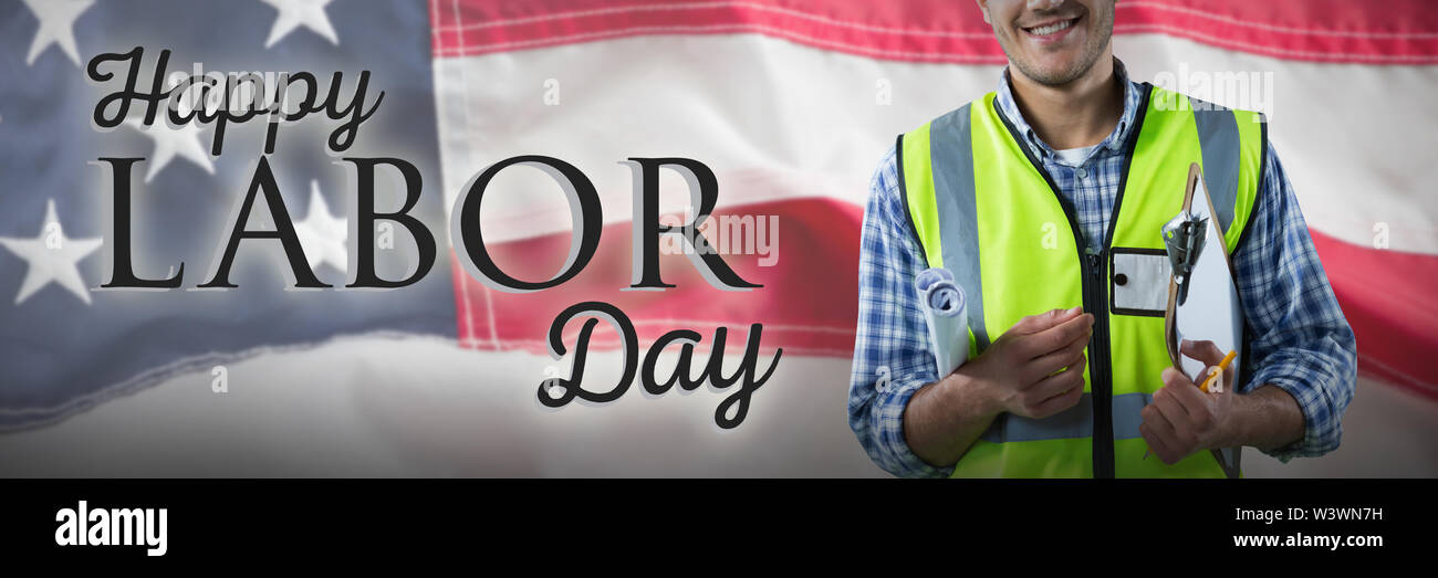 Composite image of happy construction worker Stock Photo
