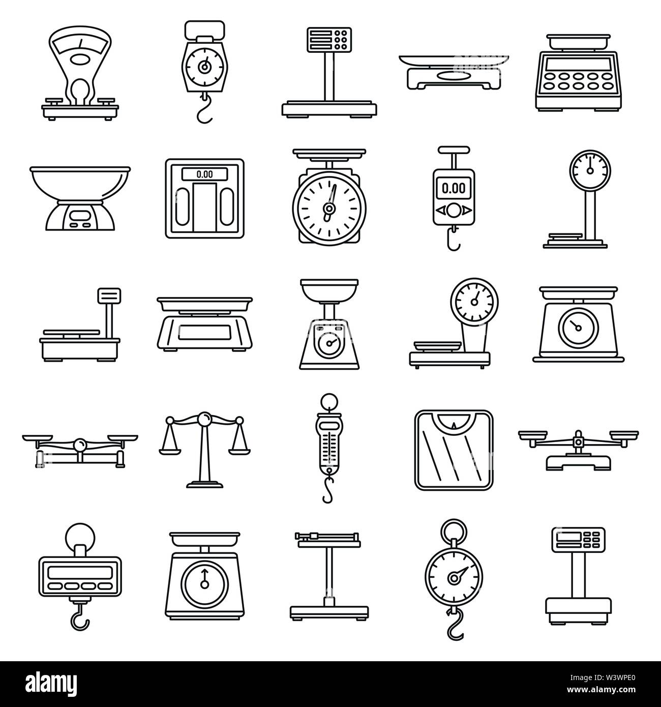 Digital weigh scales icons set. Outline set of digital weigh scales vector icons for web design