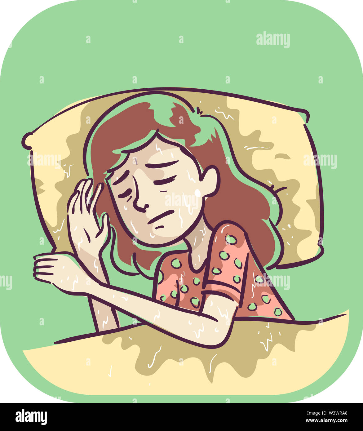 Illustration of a Sleeping Girl Soaking in Night Sweats in Bed Stock