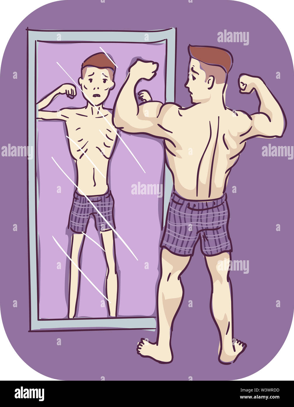 Illustration Of A Man Flexing His Arms In Front Of A Mirror And Seeing A Very Thin Version Of Him Stock Photo Alamy
