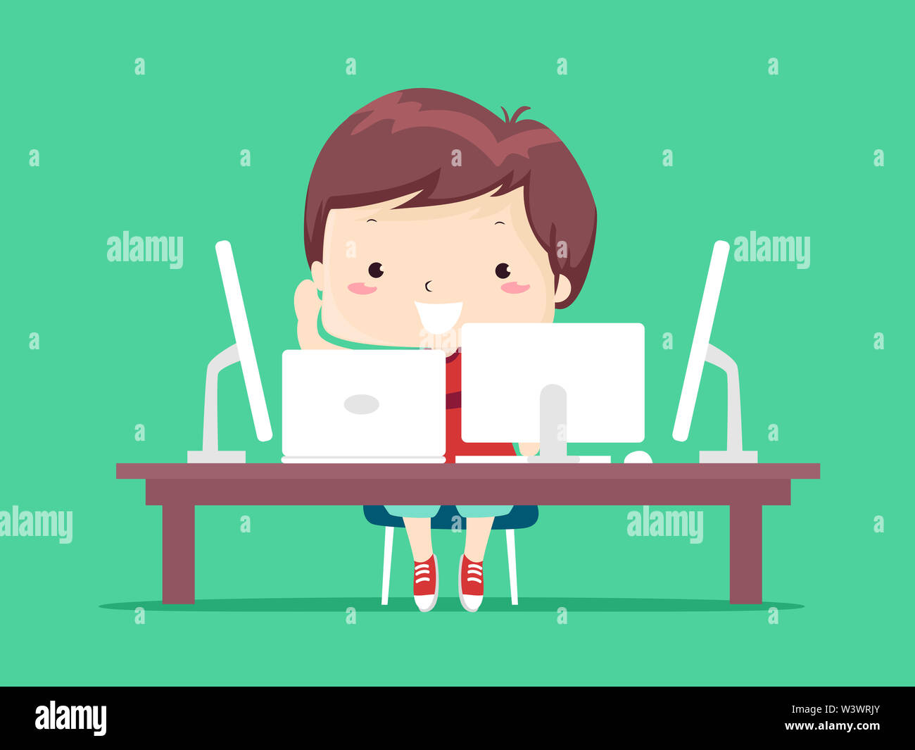 Illustration of a Kid Boy Using a Laptop and Several Computer as a ...