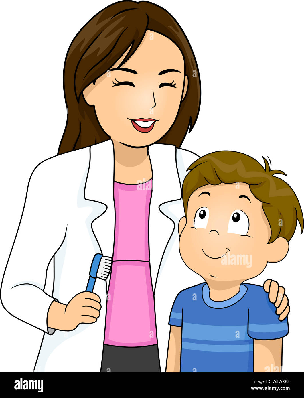 Illustration of a Kid Boy Looking and Listening to the Dentist Holding a Toothbrush Explaining Brushing Teeth Stock Photo