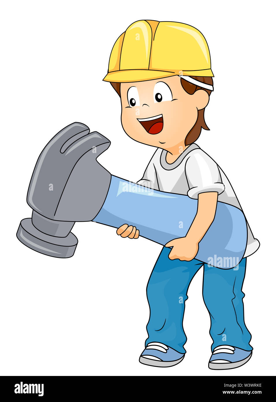Illustration of a Kid Boy Wearing Yellow Construction Hat and Holding a Big  Toy Hammer Stock Photo - Alamy