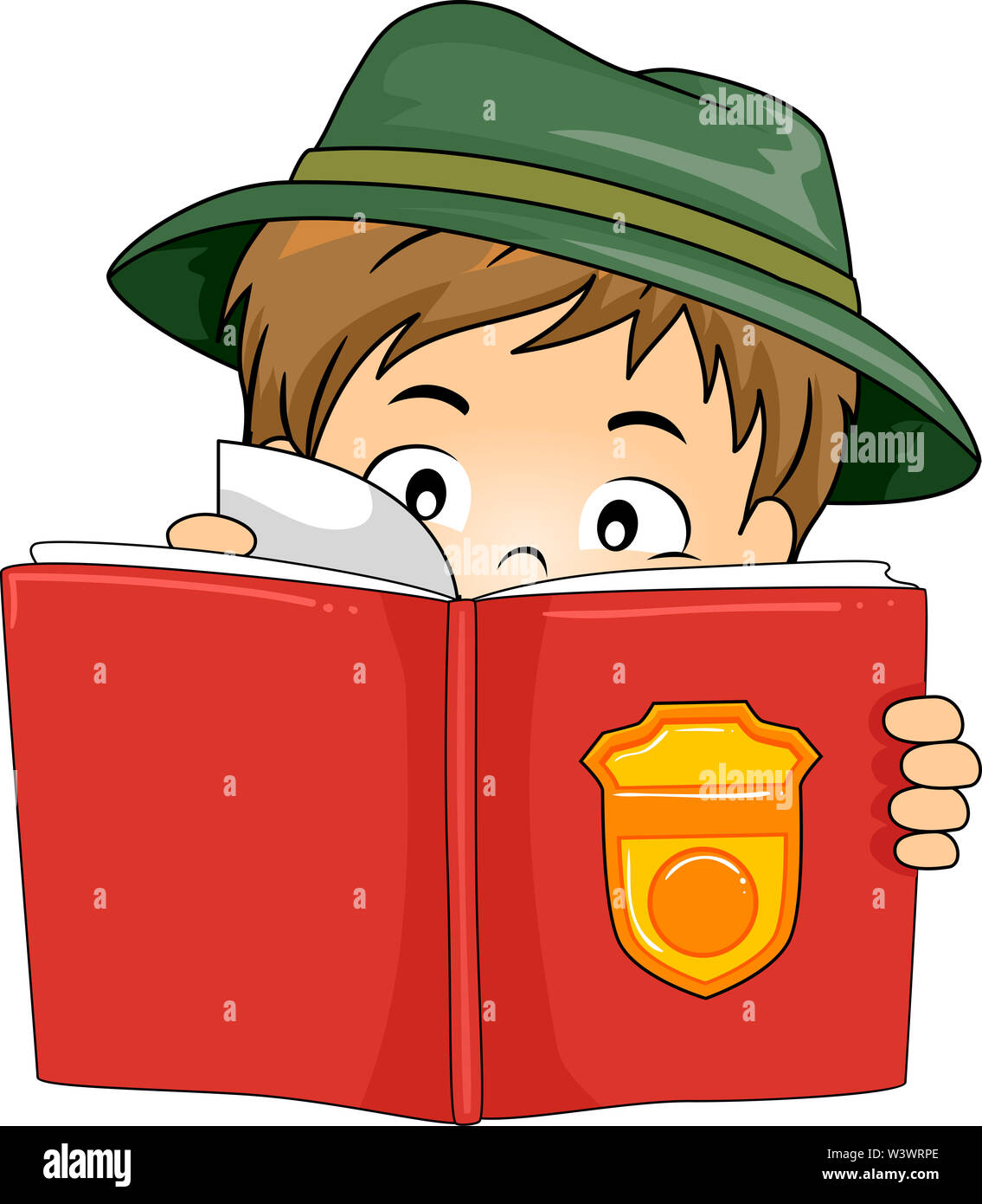 Illustration of a Kid Boy Wearing Park Ranger Hat and Holding an Activity Book with Seal Stock Photo