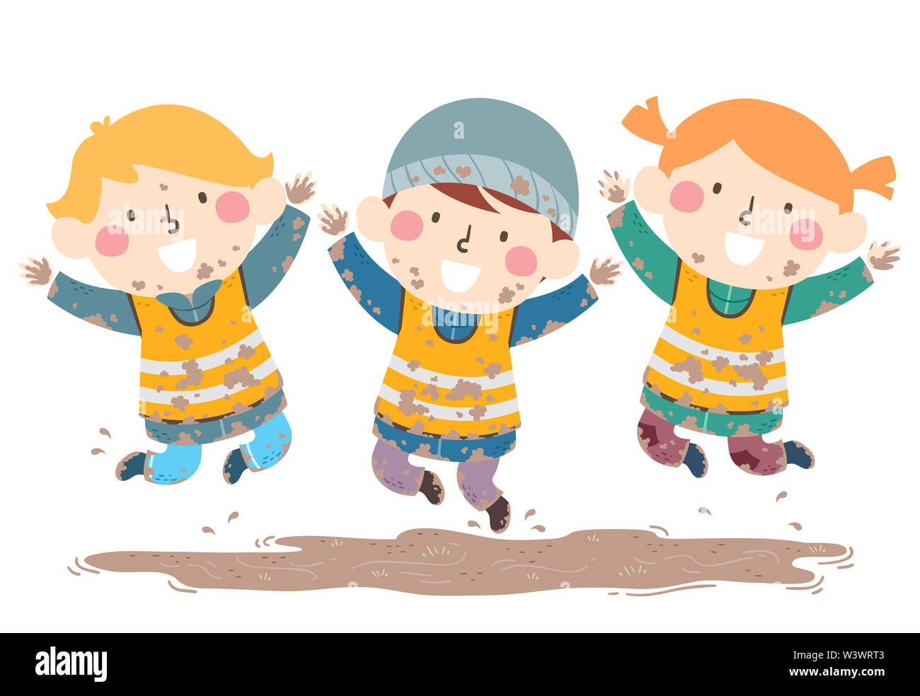 Illustration of Kids Wearing Yellow Vests, Jumping and Playing in the Mud Stock Photo