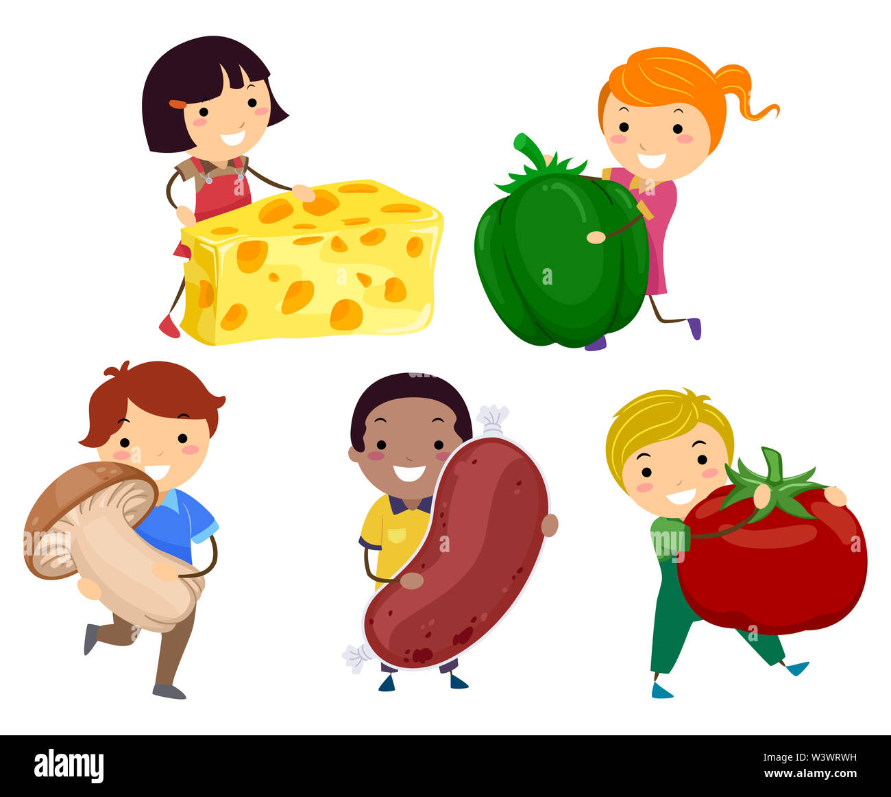Illustration of Stickman Kids Holding Different Pizza Toppings Ingredients from Cheese, Bell Pepper, Mushroom, Salami and Tomato Stock Photo