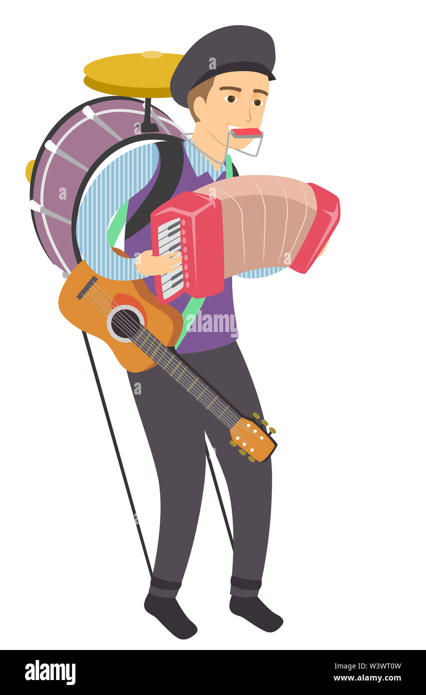 Illustration of a One Man Band Performer with a Drum, Guitar, Accordion and Harmonica Stock Photo