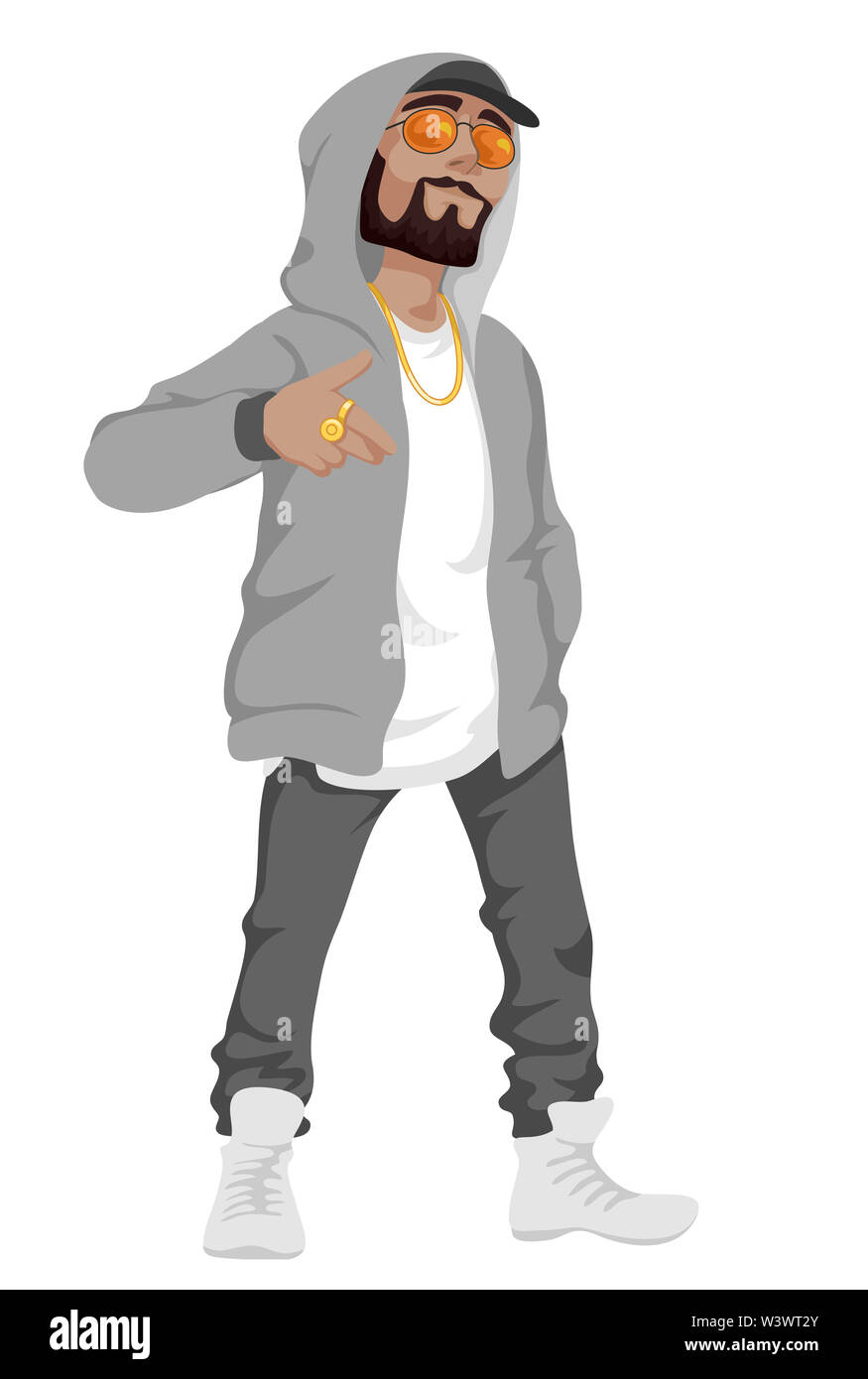 Illustration of a Man Wearing Hip Hop Fashion from Hoodie, Sunglasses, Gold  Necklace and Ring, Cap, Jeans and High Top Rubber Shoes Stock Photo - Alamy